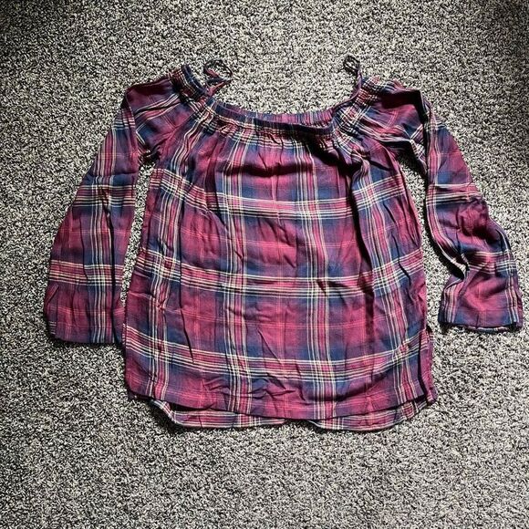 Cloth and Stone Blouse Top Women's Small Multicolor Plaid Boat Neck Casual Wear - Picture 2 of 7